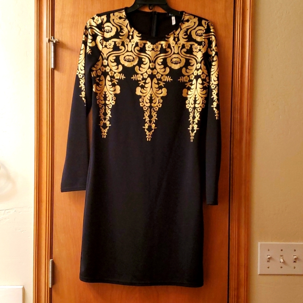 Black and Gold BodyCon Long Sleeves Dress Sz L